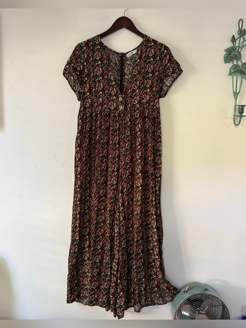 Natural Life Floral Wide Leg Empire Waist Babydoll Jumpsuit M Button Front Rayon